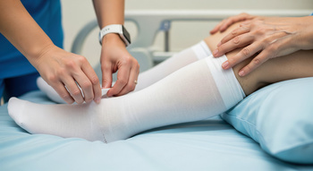 doctor checking compression socks on hospital