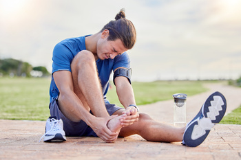man having foot pain while running on the road 