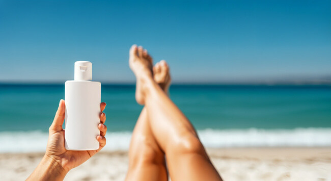 Woman relaxing on the beach, using a sunscreen on her feet